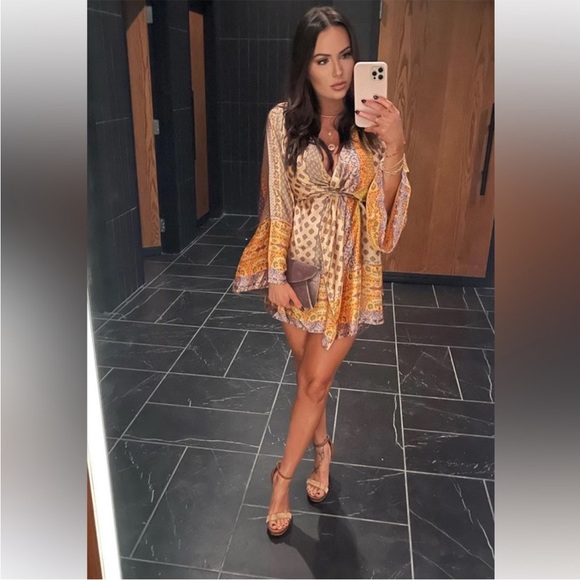 12th Tribe Multi-Color Paisley Mini Dress - Beige, Orange, Purple - Picture 11 of 13